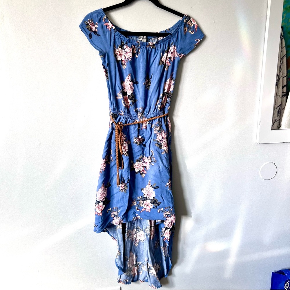 Asymmetrical blue and pink floral dress size S with skinny braided belt
